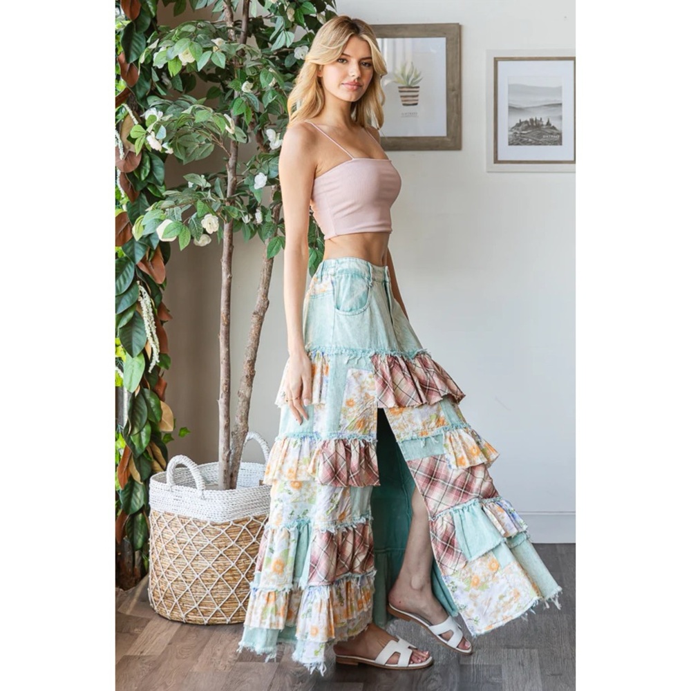 Oli & Hali Floral + Plaid Patchwork Ruffled Denim Maxi - Picture 5 of 11